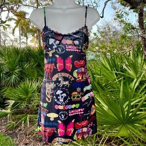 Omighty Logomania Black Mini Dress Size S Stretch Tattoo Sexy Sheer Straps Layer